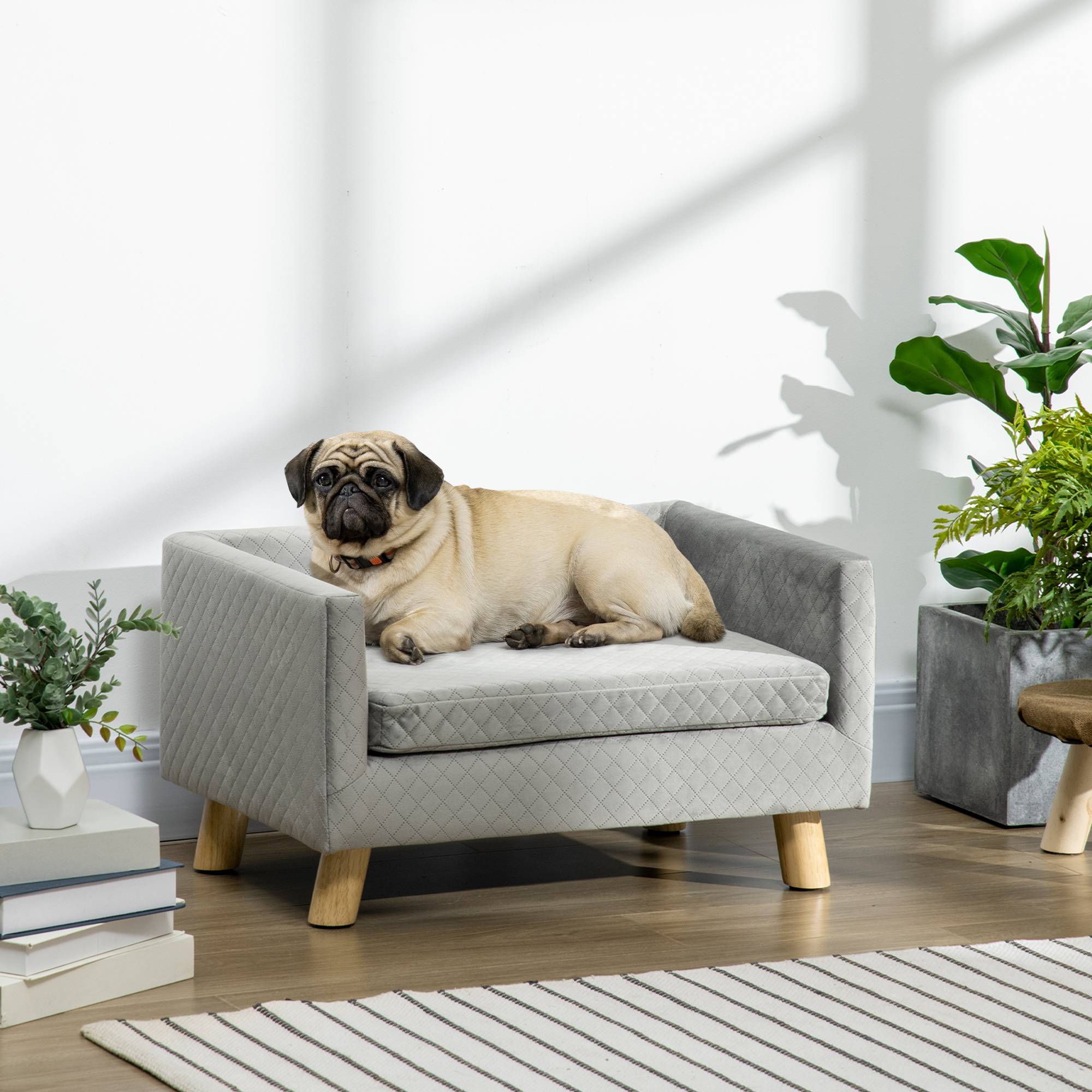 Sans Marque - Canapé scandinave chien chat coussins velours bois 64x45x36 cm gris - Image 4
