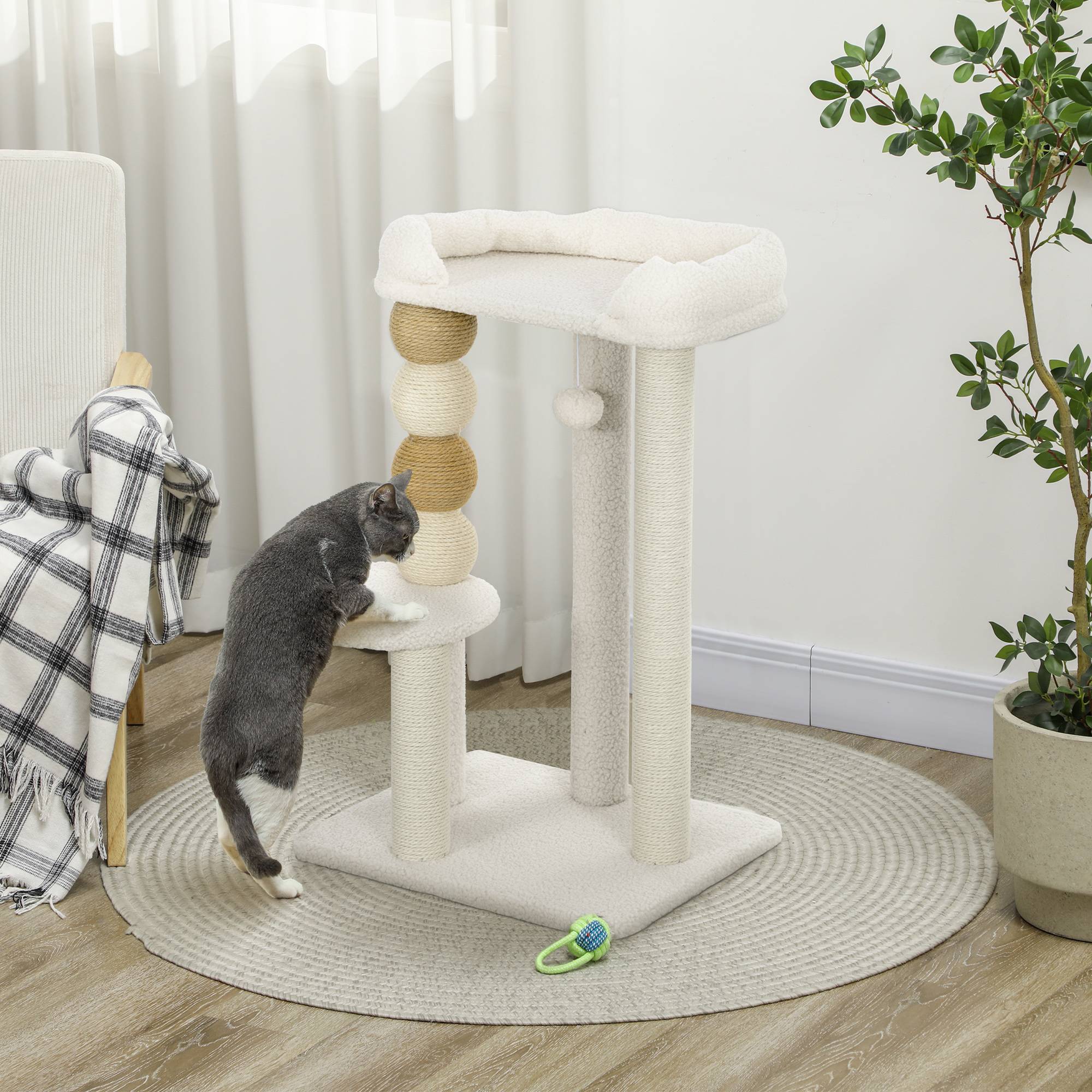 arbre à chat bois couchage plateforme balle jute peluche mobilier chat 48,5x40x76 cm beige griffoir compact - Image 4
