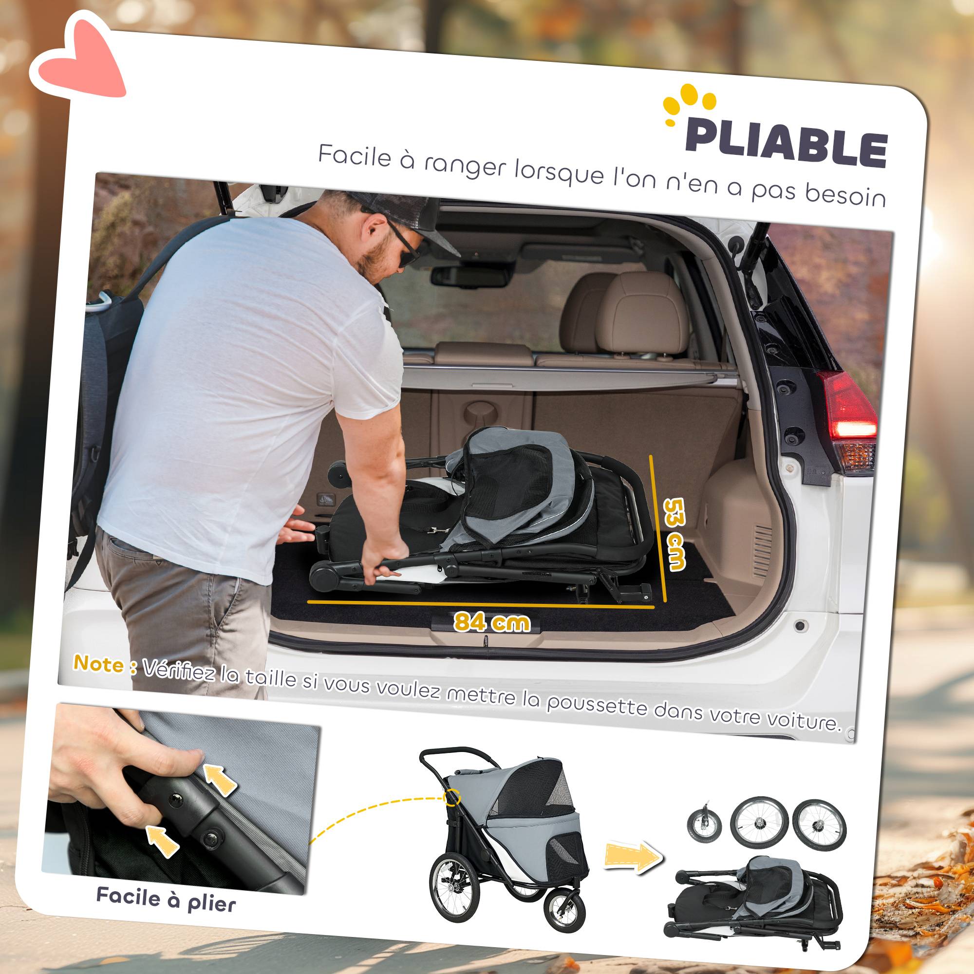 Poussette pour chien 3 roues avec pliage facile, sac de rangement, coussin souple, laisse de sécurité, gris - Image 9