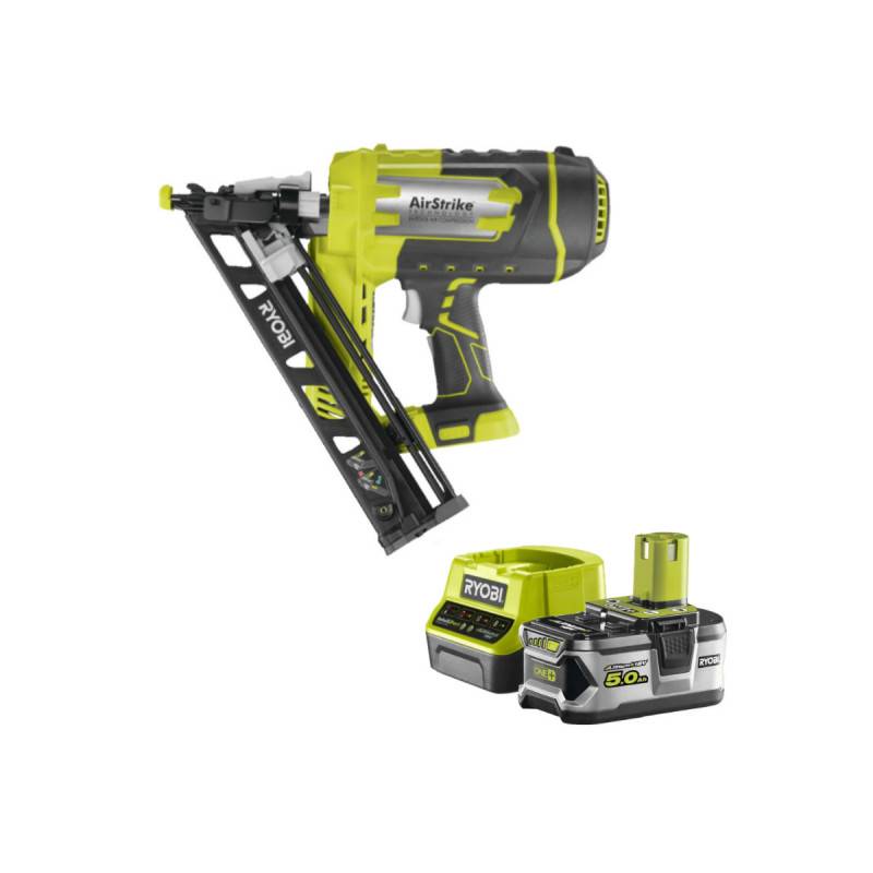 Ryobi - Pack RYOBI Cloueur de finition incliné à air comprimé 18V One+ R15GN18-0 - 1 Batterie 5.0Ah - 1 Chargeur rapide RC18120-150 - Image 1