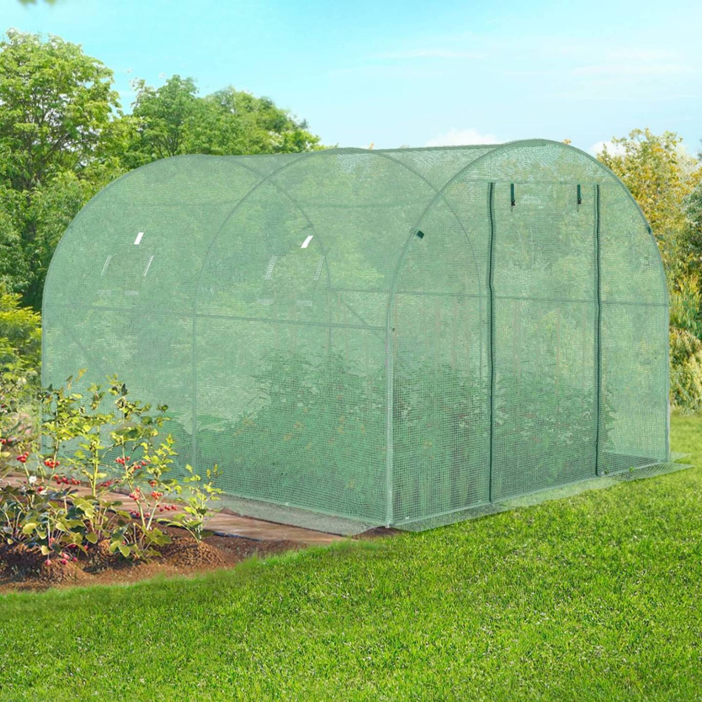 IDMARKET - Serre de jardin tunnel 6m² 3 x 2 x 2 m acier galvanisé + bâche anti-UV avec porte et fenêtres ROMA verte toutes saisons - Image 3