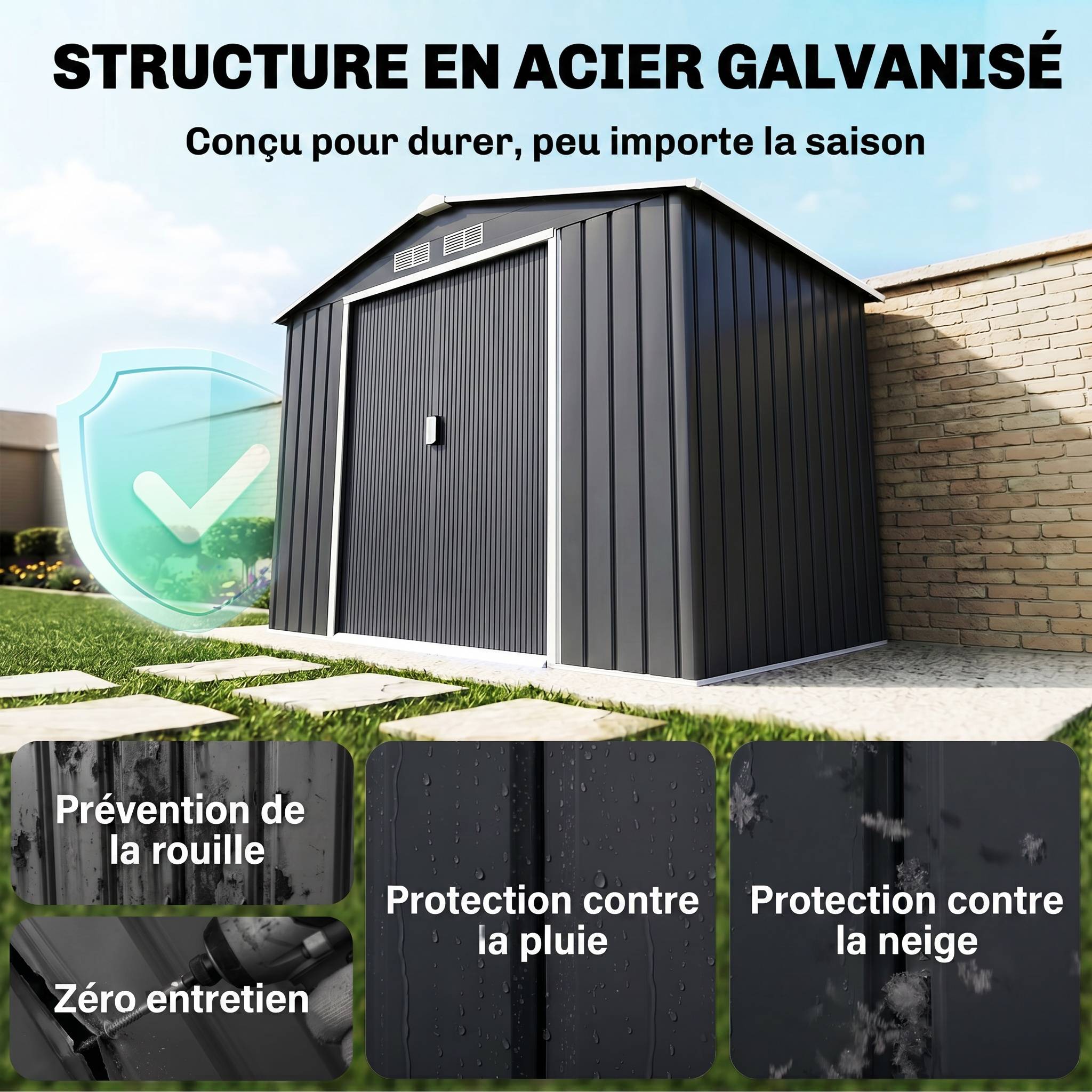 Abri de Jardin 2,77 m² - Remise pour Outils avec Fondation - cabanon Porte verrouillable - tôle d'acier Gris - Image 5