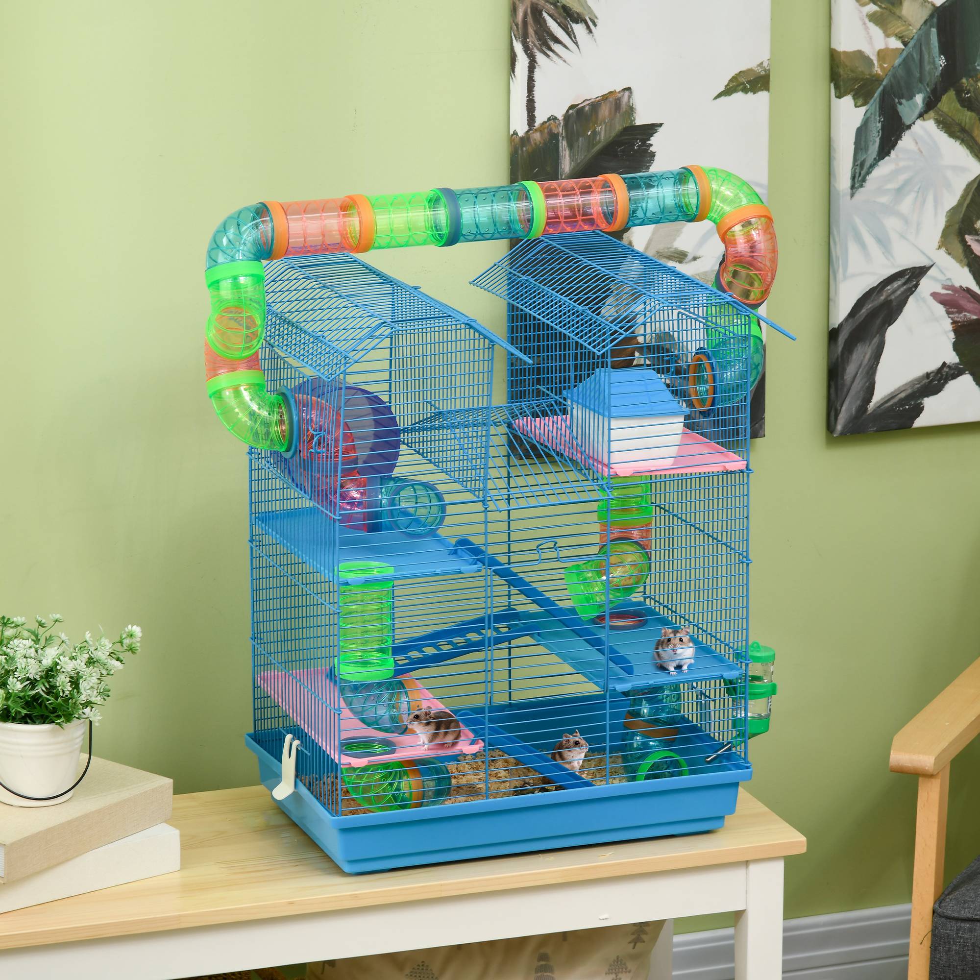 Sans Marque - Cage pour Hamster Souris Petit Animaux Rongeur avec Tunnel Mangeoire Roue Jouet 47 x 30 x 59 cm Bleu - Image 3