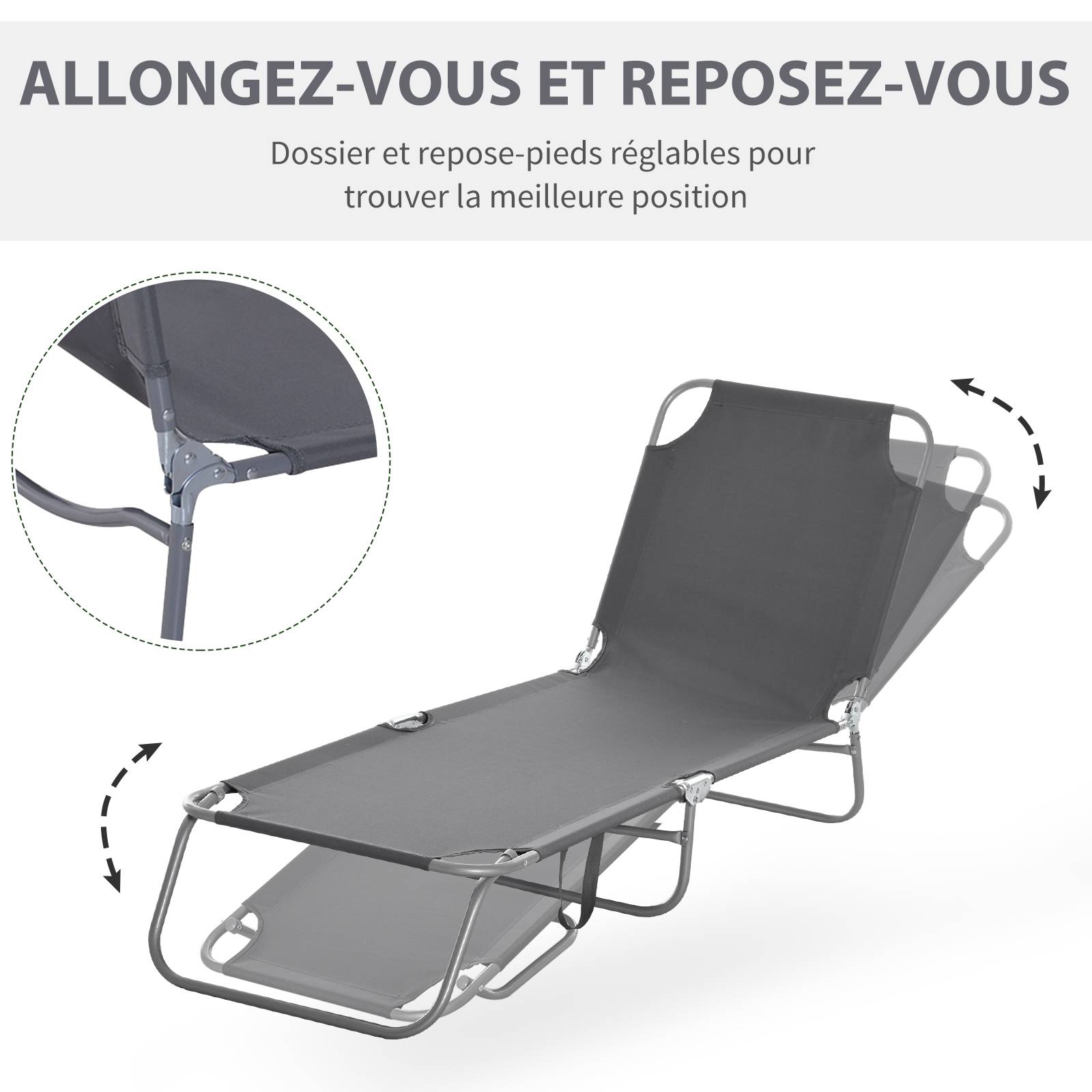 Bain de Soleil transat Pliable Dossier réglable Multipositions métal et Polyester Gris - Image 6