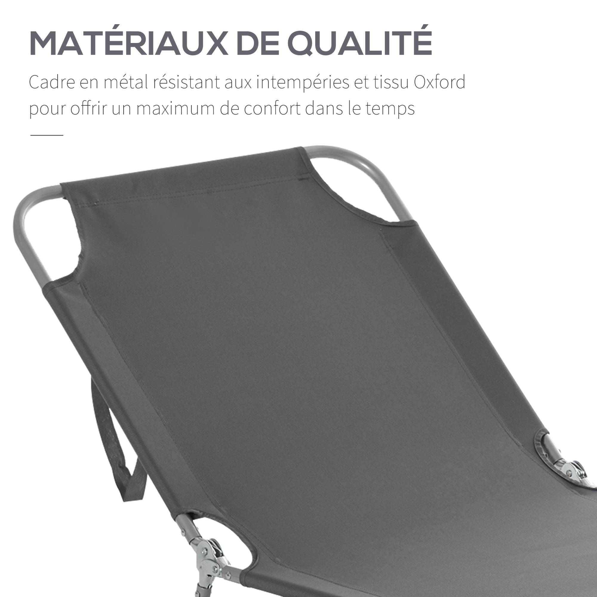 Bain de Soleil transat Pliable Dossier réglable Multipositions métal et Polyester Gris - Image 8