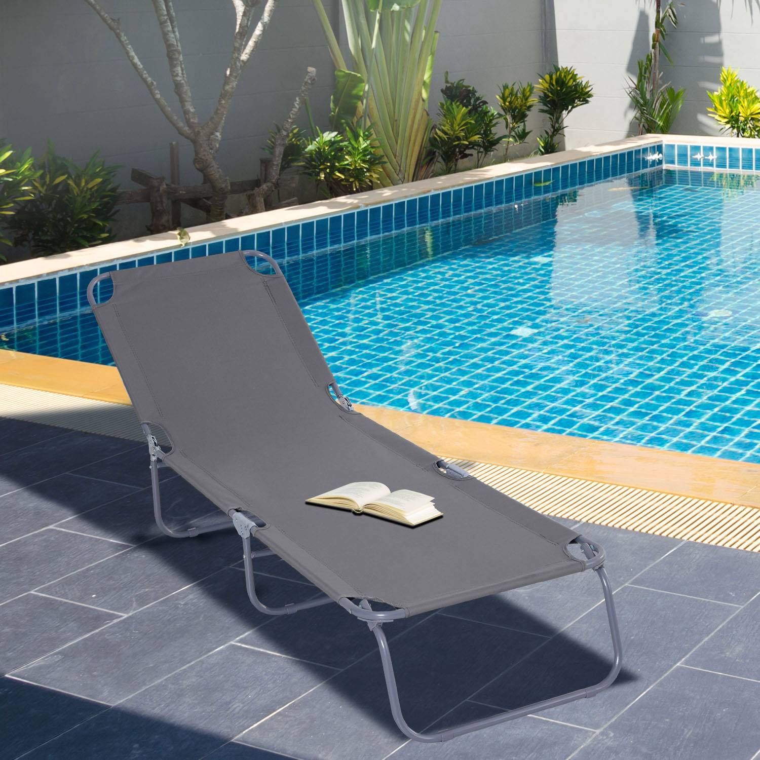 Bain de Soleil transat Pliable Dossier réglable Multipositions métal et Polyester Gris - Image 3