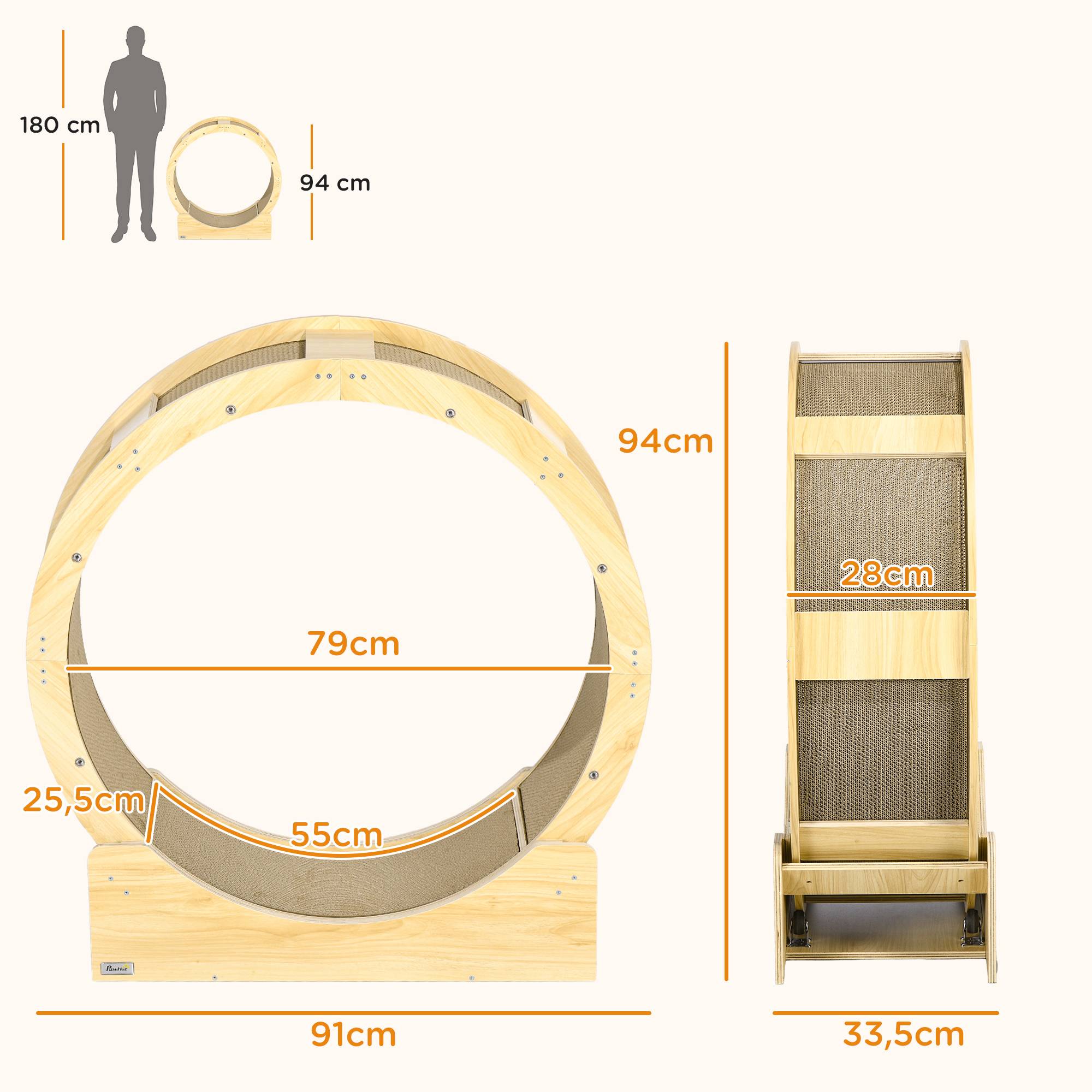 Roue exercice chat bois multi-couches intérieur rotation silencieuse 91x34x94cm chêne - ComfortXL Outdoor Living - Image 5