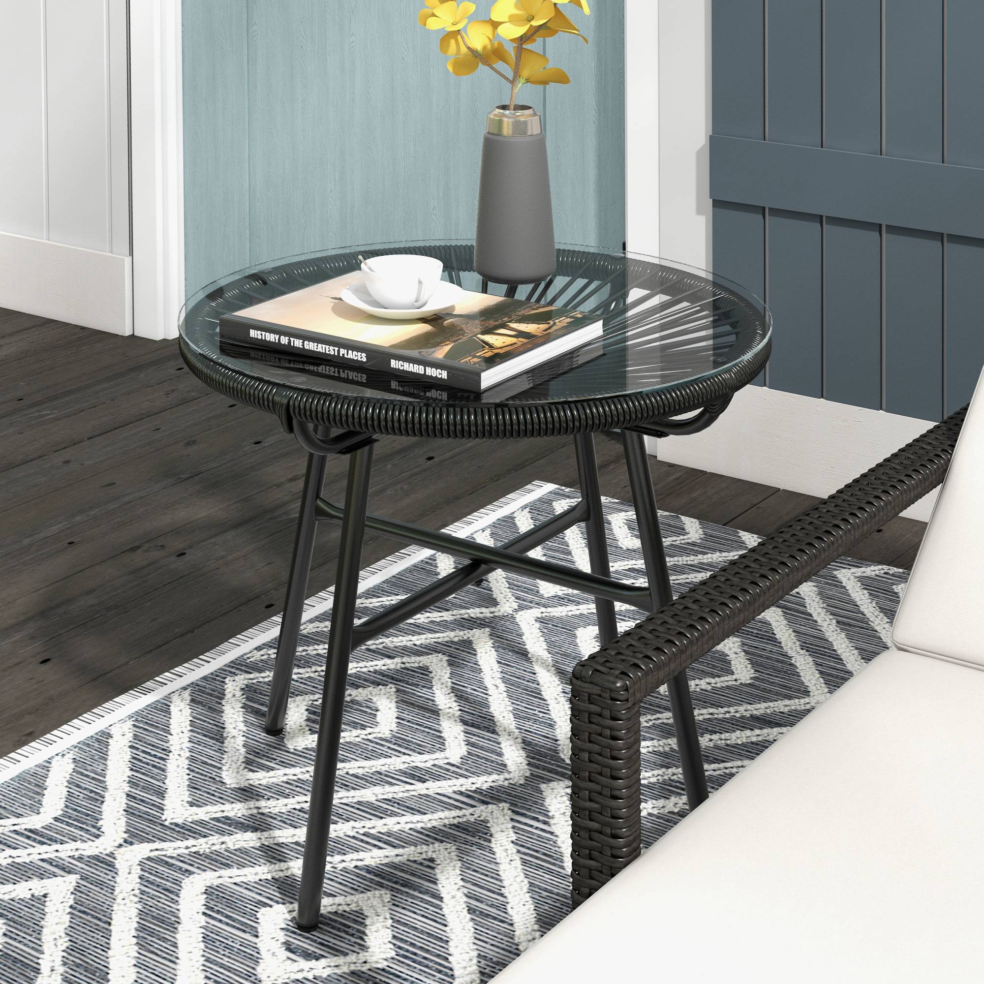 Sans Marque - Table jardin bohème appoint extérieur rotin PE verre trempé intempéries 50x50x50 cm noire - Image 3