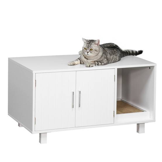 Meuble litière chat MDF intérieur avec griffoir portes magnétiques 91x52x50 cm blanc - ComfortXL Outdoor Living - Image 2