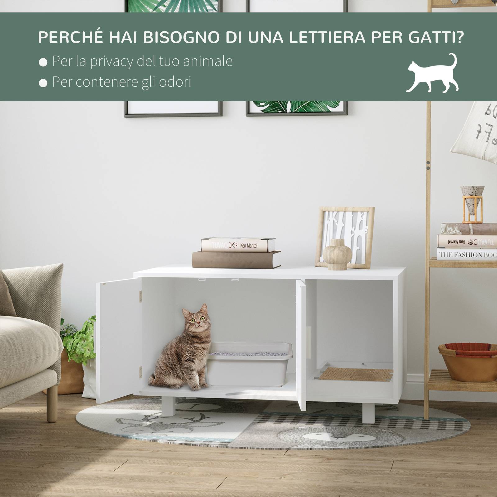 Meuble litière chat MDF intérieur avec griffoir portes magnétiques 91x52x50 cm blanc - ComfortXL Outdoor Living - Image 9