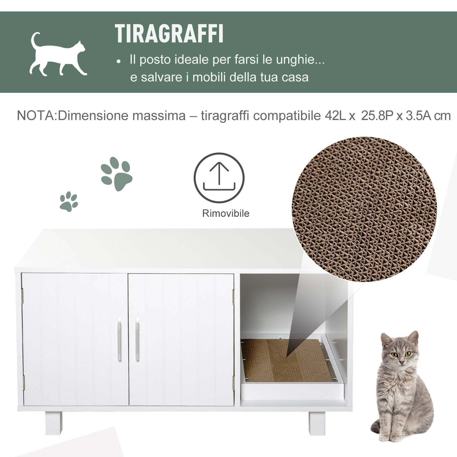 Meuble litière chat MDF intérieur avec griffoir portes magnétiques 91x52x50 cm blanc - ComfortXL Outdoor Living - Image 8