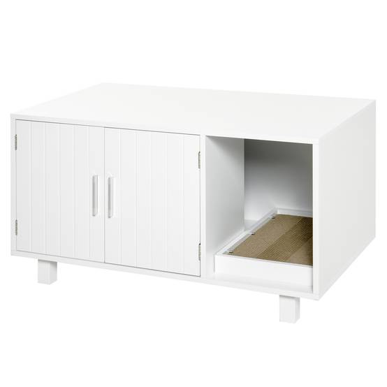 Meuble litière chat MDF intérieur avec griffoir portes magnétiques 91x52x50 cm blanc - ComfortXL Outdoor Living - Image 1