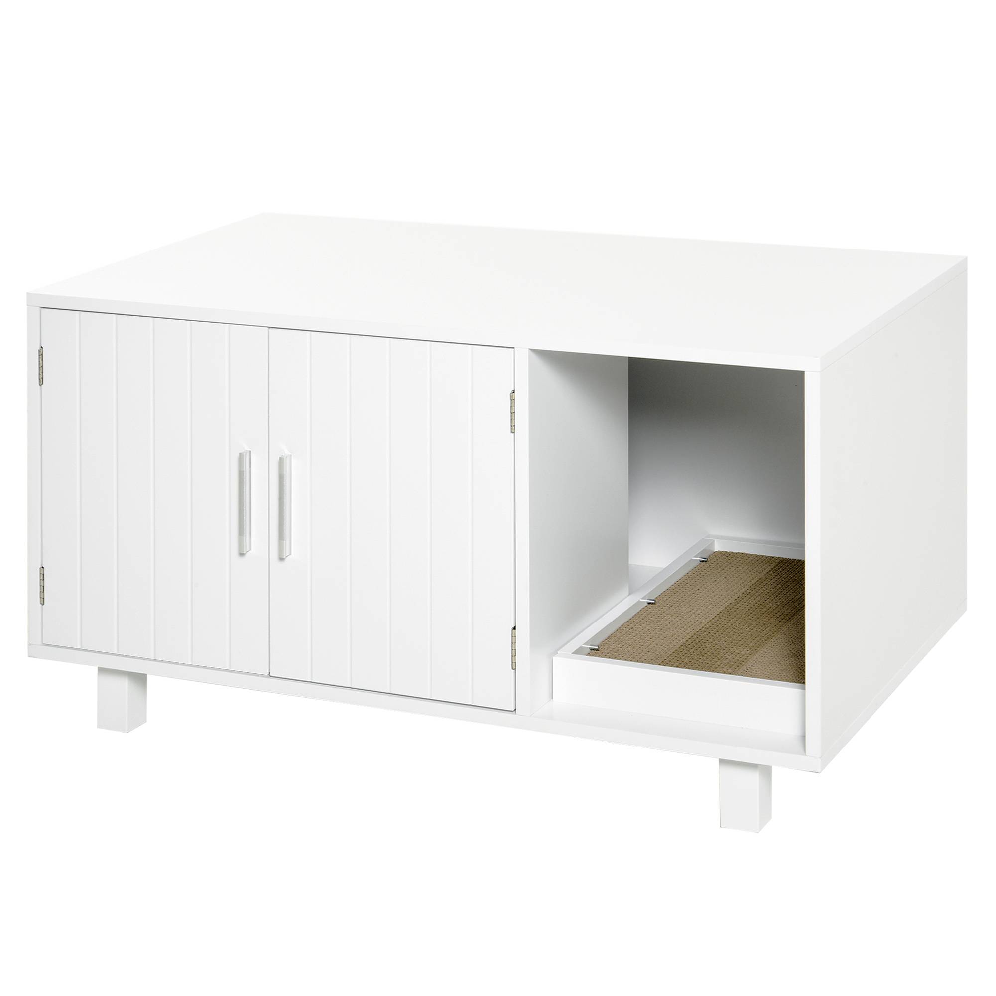 Meuble litière chat MDF intérieur avec griffoir portes magnétiques 91x52x50 cm blanc - ComfortXL Outdoor Living - Image 1