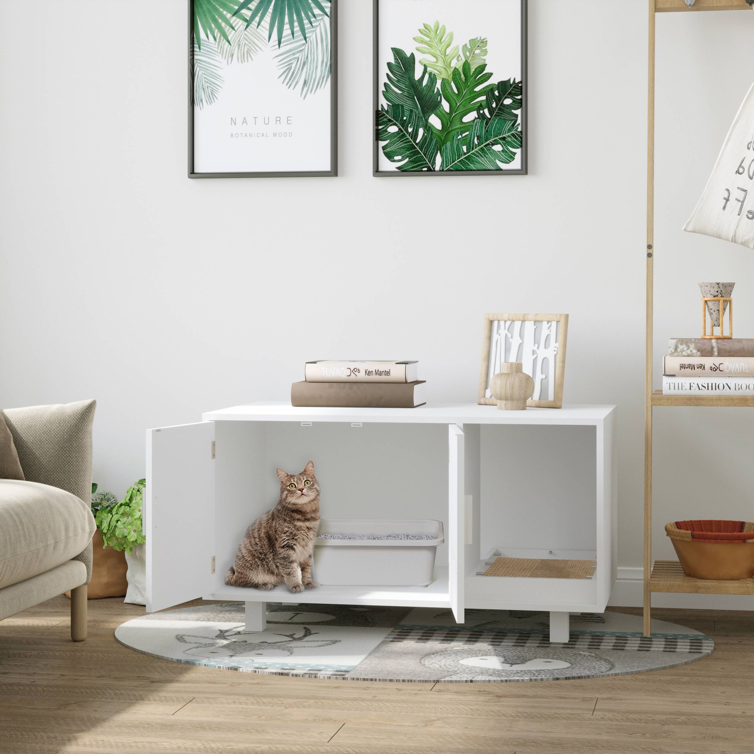 Meuble litière chat MDF intérieur avec griffoir portes magnétiques 91x52x50 cm blanc - ComfortXL Outdoor Living - Image 3