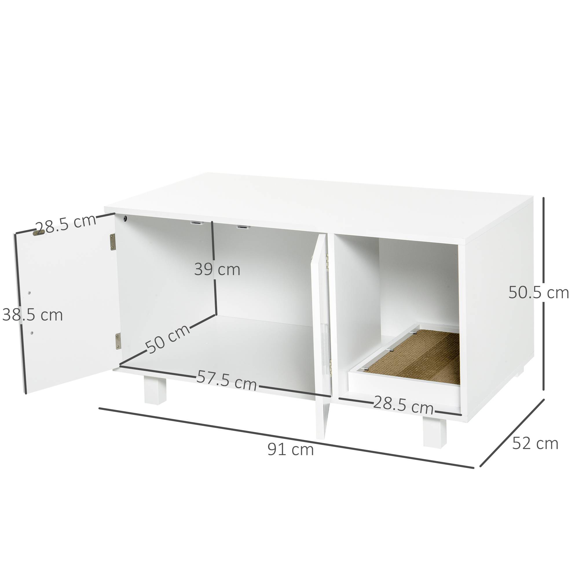Meuble litière chat MDF intérieur avec griffoir portes magnétiques 91x52x50 cm blanc - ComfortXL Outdoor Living - Image 5