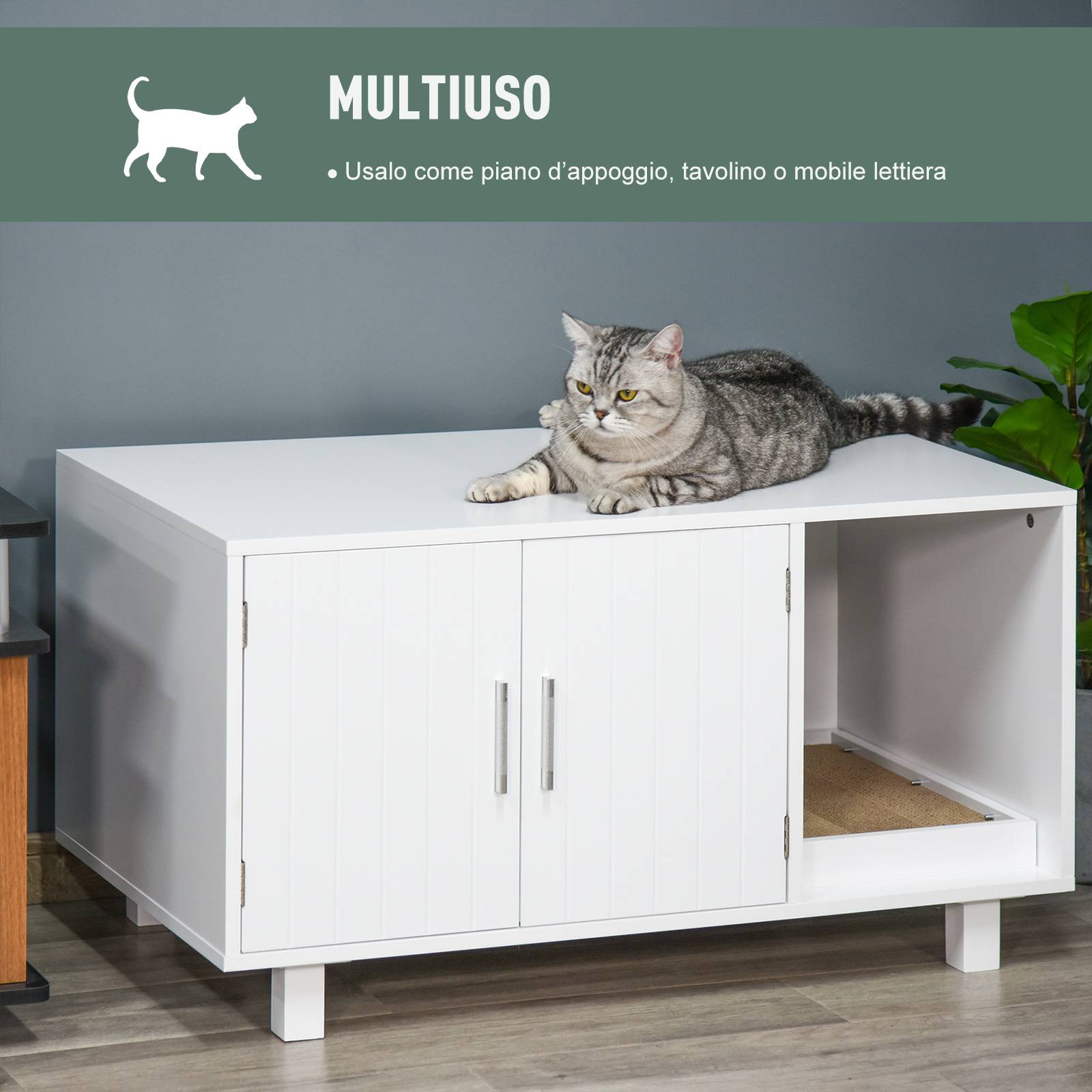 Meuble litière chat MDF intérieur avec griffoir portes magnétiques 91x52x50 cm blanc - ComfortXL Outdoor Living - Image 7