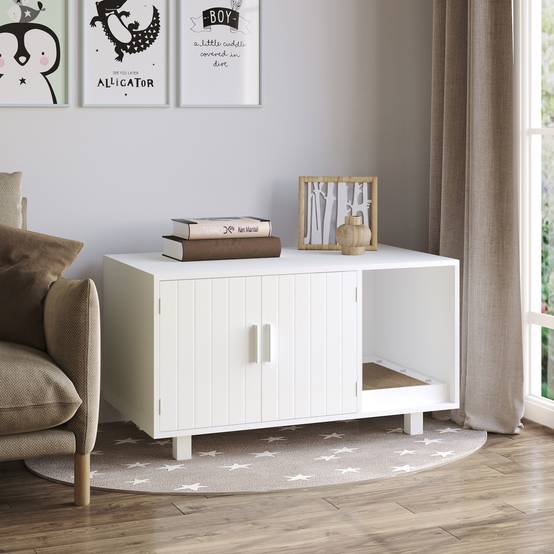 Meuble litière chat MDF intérieur avec griffoir portes magnétiques 91x52x50 cm blanc - ComfortXL Outdoor Living - Image 4