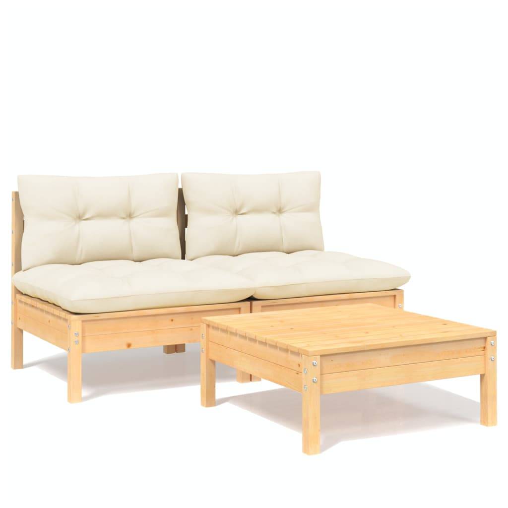 Salon de jardin 3 pcs | Mobilier d'extérieur avec coussins crème bois de pin Maison Chic - Image 1