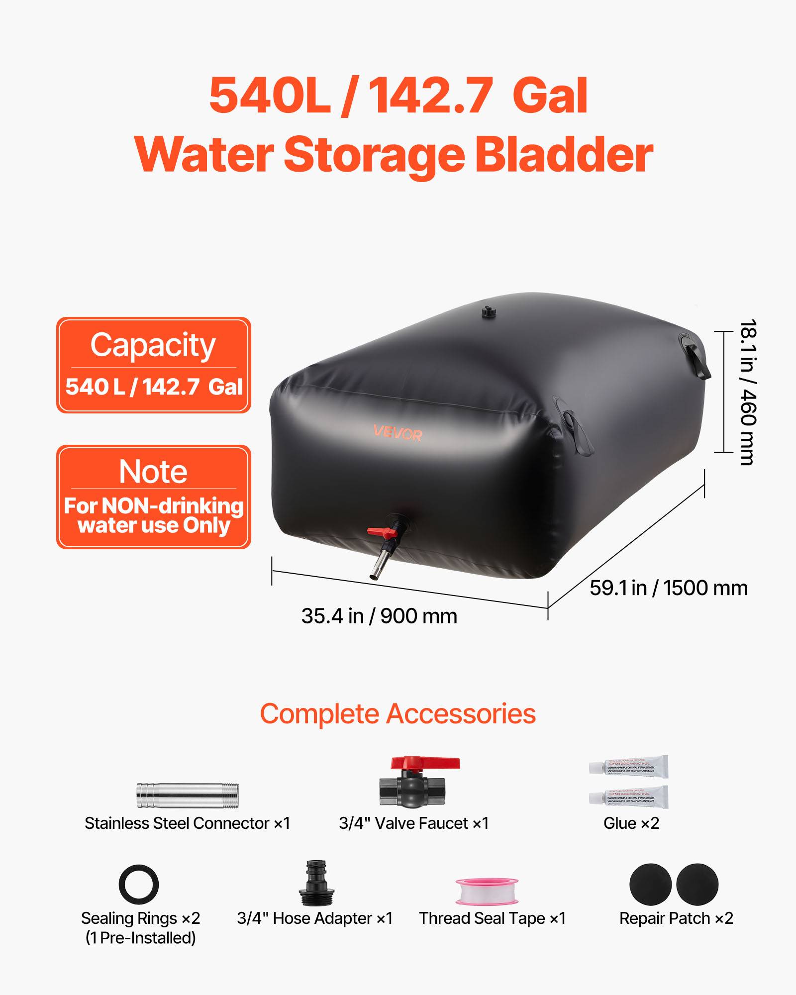 Vevor - VEVOR Réservoir d'Eau Souple Vessie de Stockage Eau Pliable en PVC 540 L Noir - Image 2