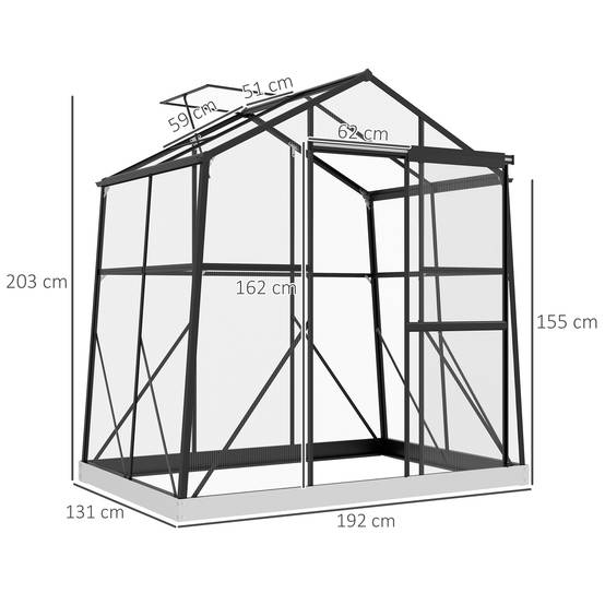 Serre polycarbonate aluminium pour jardin potager porte coulissante 192x131x203cm noir - ComfortXL Outdoor Living - Image 5