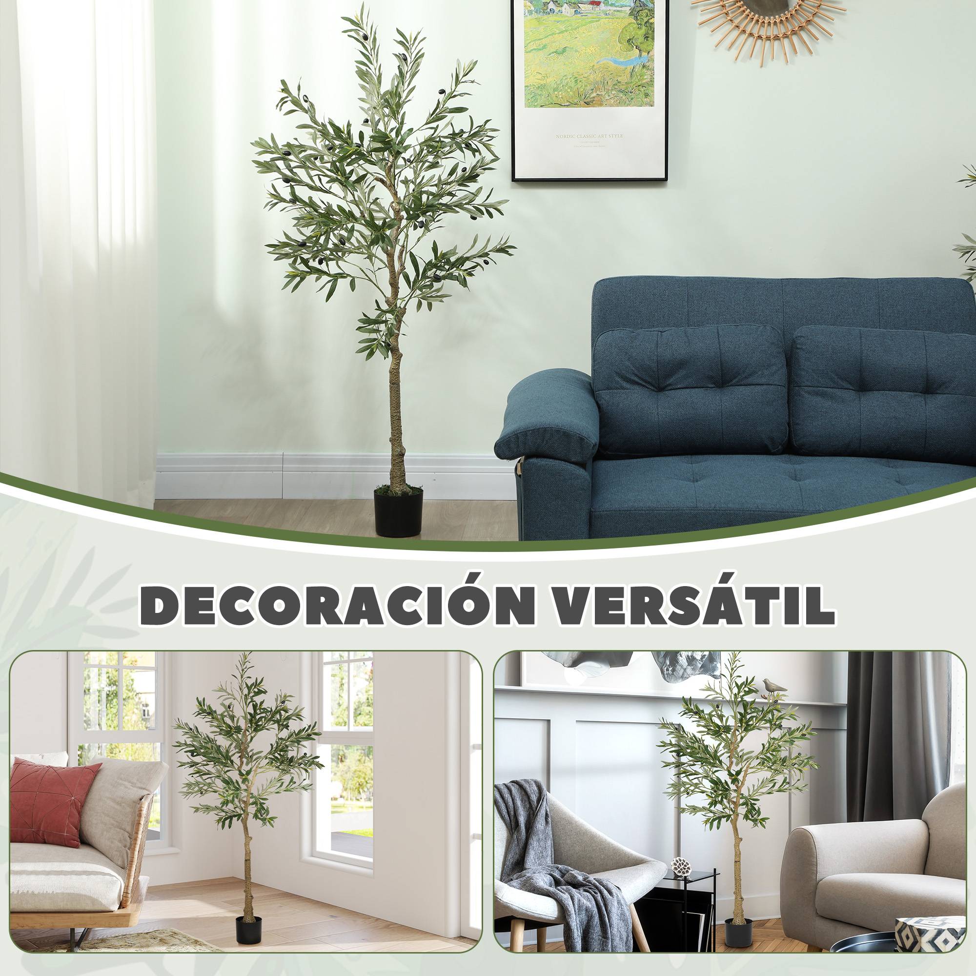 Olivier artificiel décoratif, 150 cm, avec 720 feuilles et 32 olives en pot pour l'intérieur, vert - Image 10