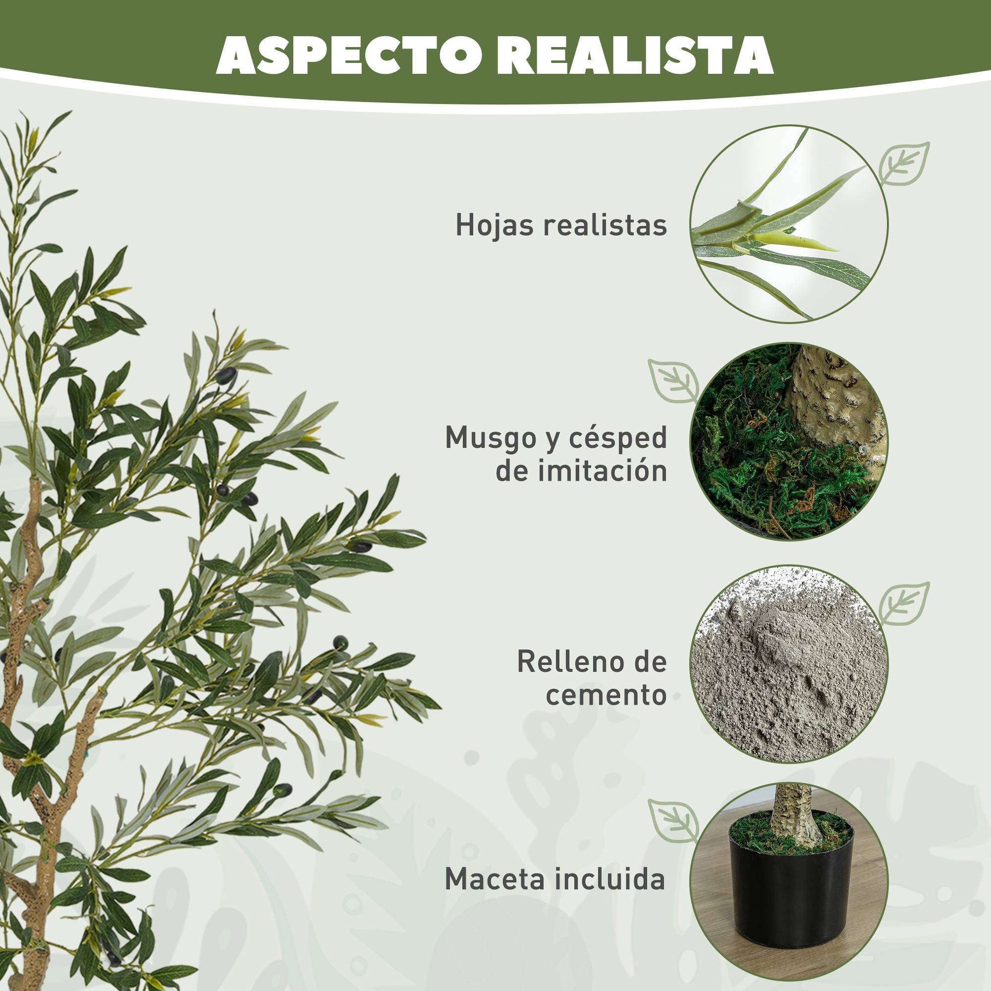 Olivier artificiel décoratif, 150 cm, avec 720 feuilles et 32 olives en pot pour l'intérieur, vert - Image 6