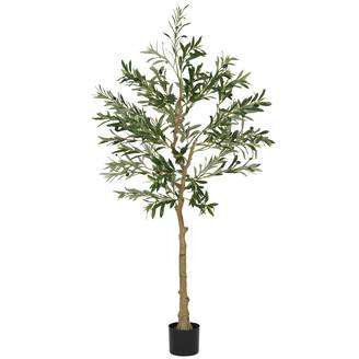 Olivier artificiel décoratif, 150 cm, avec 720 feuilles et 32 olives en pot pour l'intérieur, vert
