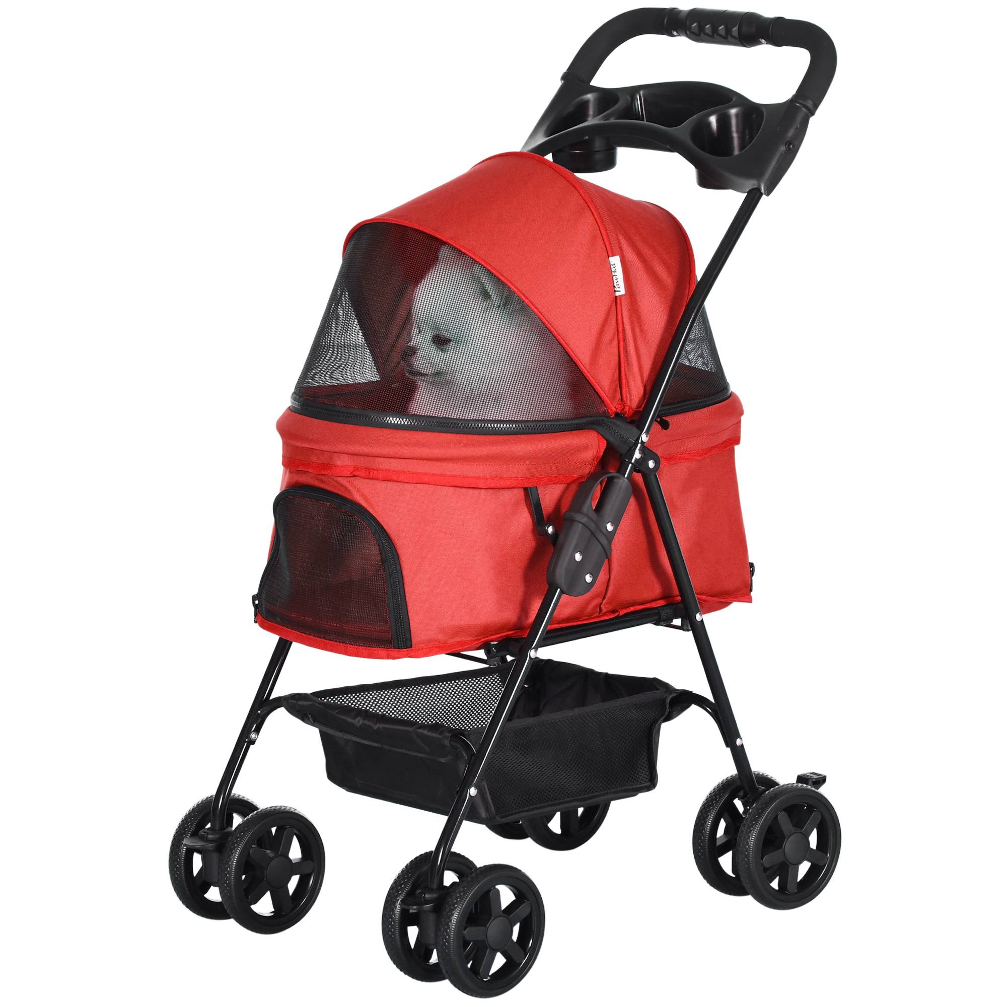 Poussette buggy pliable chien chat panier rangement porte-gobelets tissu 300D Oxford imperméable 4 roues rouge - Image 2