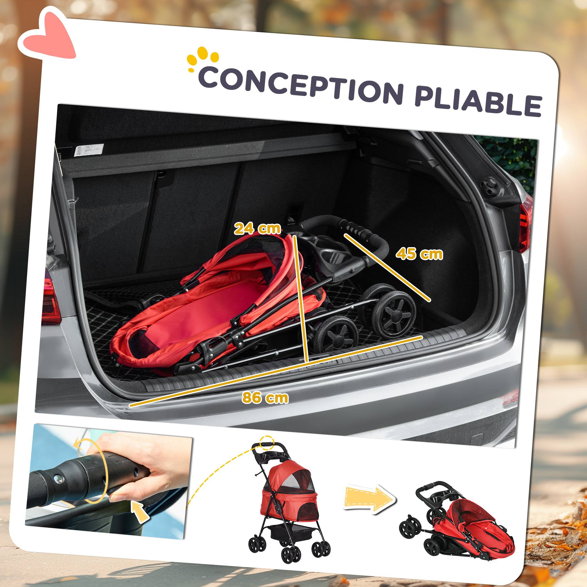 Poussette buggy pliable chien chat panier rangement porte-gobelets tissu 300D Oxford imperméable 4 roues rouge - Image 7