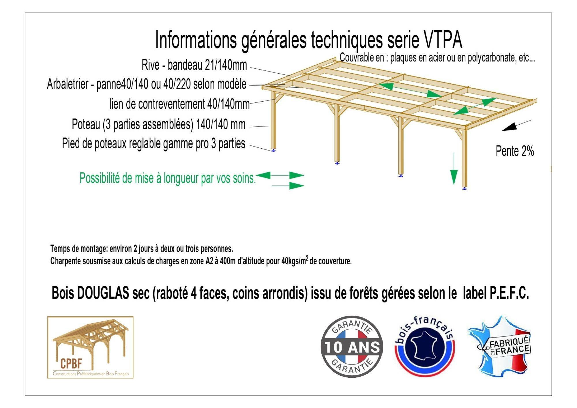 Cpbf Charpentes - Carport adossé toit plat 400cmx500cm, bois DOUGLAS Français (Charpente en bois-auvent-abri voiture) 20 m². Garantie 10 ans - Image 3