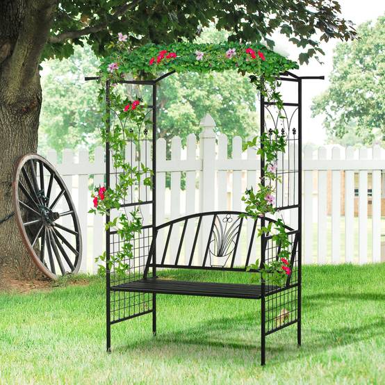 Arche de plantation avec banc Arche de treillis métallique Noir 154x60x205 cm pour jardin et terrasse - Image 2