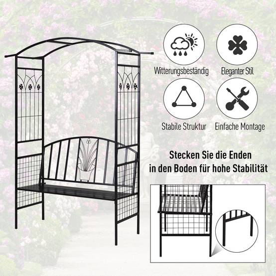 Arche de plantation avec banc Arche de treillis métallique Noir 154x60x205 cm pour jardin et terrasse - Image 5
