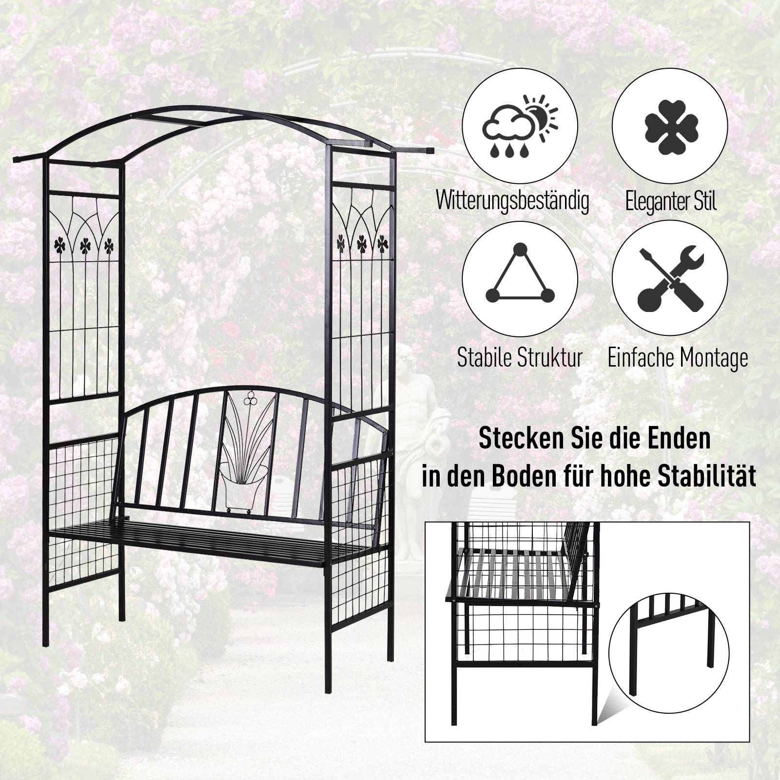 Arche de plantation avec banc Arche de treillis métallique Noir 154x60x205 cm pour jardin et terrasse - Image 5