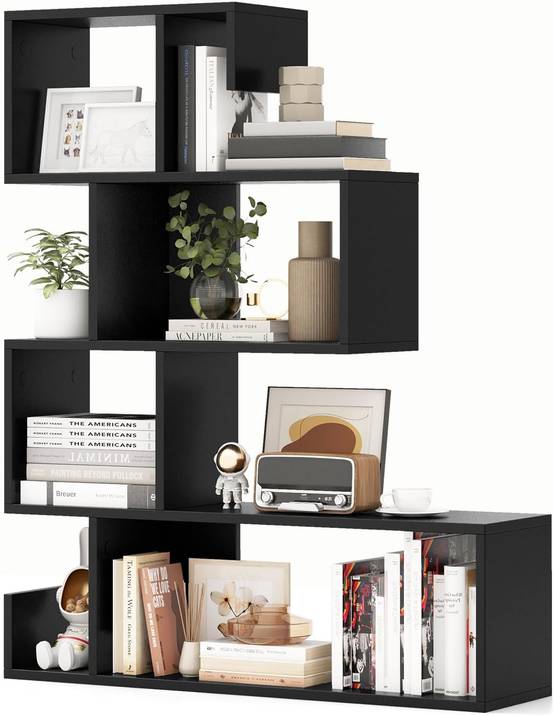 Bibliothèque à 5 Niveaux en Forme de S, Compartiments Ouverts, Étagère de Rangement, Meuble Escalier, 22 x 80 x 100 cm, Noir - Image 1