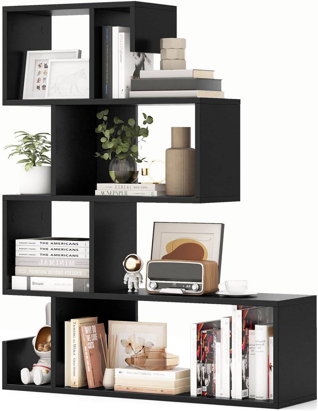 Bibliothèque à 5 Niveaux en Forme de S, Compartiments Ouverts, Étagère de Rangement, Meuble Escalier, 22 x 80 x 100 cm, Noir - Image 1