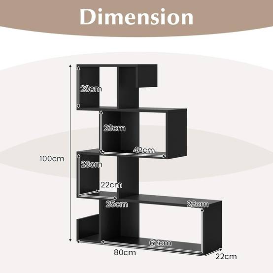 Bibliothèque à 5 Niveaux en Forme de S, Compartiments Ouverts, Étagère de Rangement, Meuble Escalier, 22 x 80 x 100 cm, Noir - Image 3