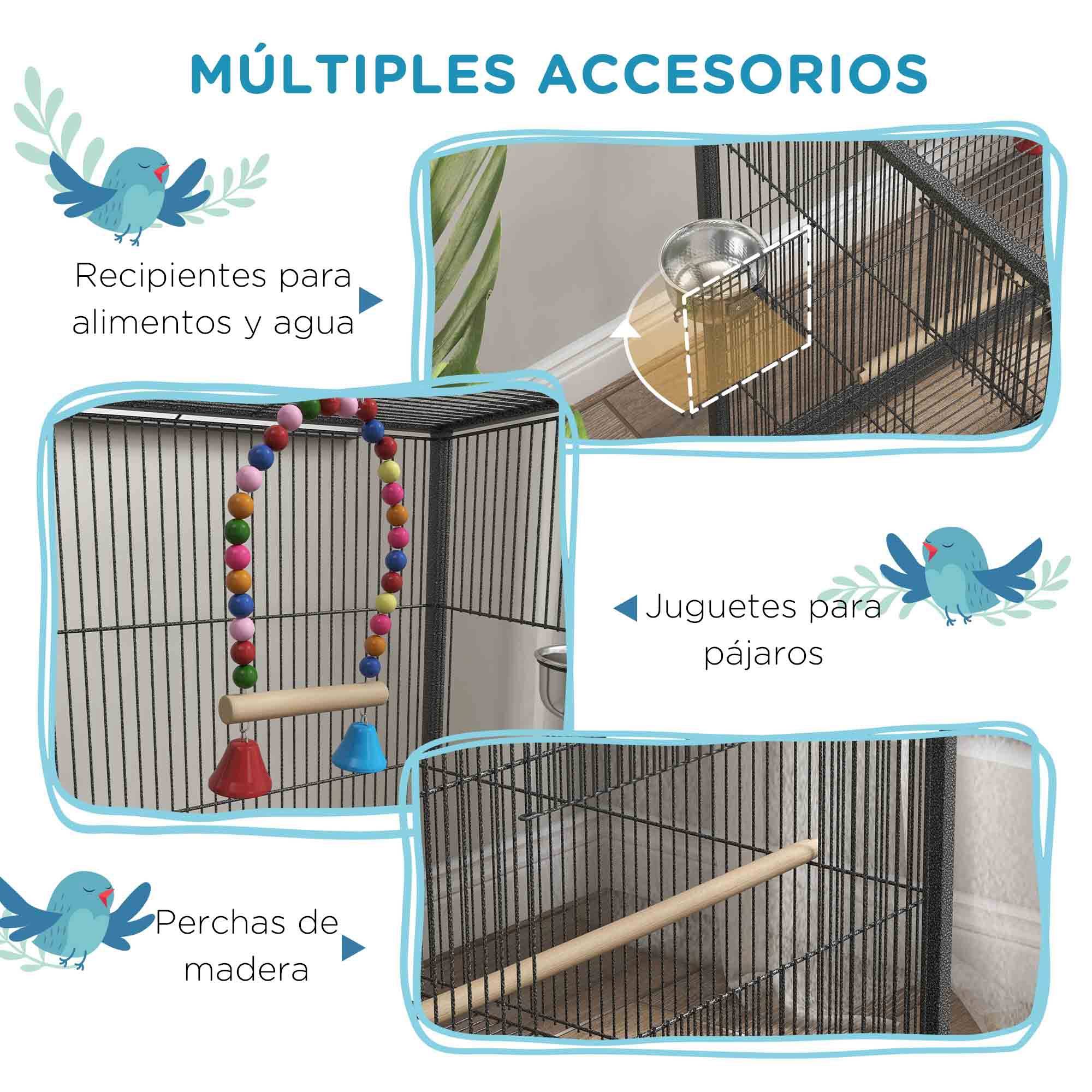 Cage à oiseaux à roulettes avec mangeoires, perchoirs et plateau amovible, 48 x 46 x 78 cm, grise - Image 7