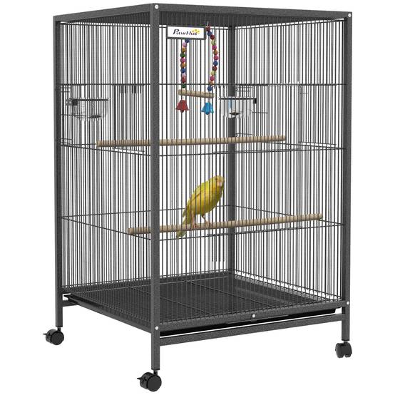 Cage à oiseaux à roulettes avec mangeoires, perchoirs et plateau amovible, 48 x 46 x 78 cm, grise - Image 1