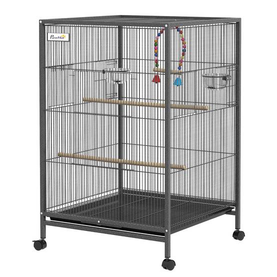 Cage à oiseaux à roulettes avec mangeoires, perchoirs et plateau amovible, 48 x 46 x 78 cm, grise - Image 2