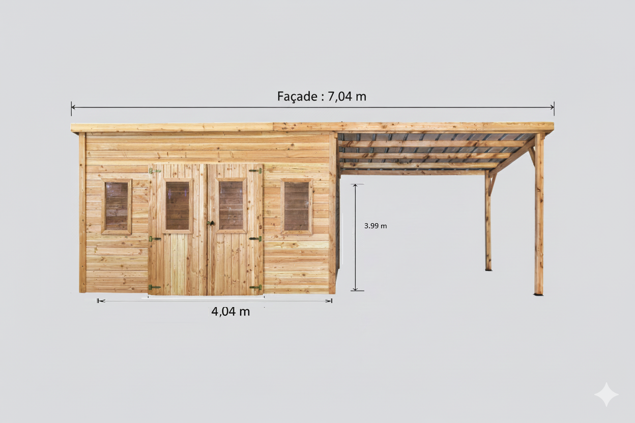 Habrita - Abri Madriers bois massif - 28 mm - surface extérieur 28,09 m2 avec bûcher -Toit monopente - Toiture plaques polycarbonate double peau - Image 3