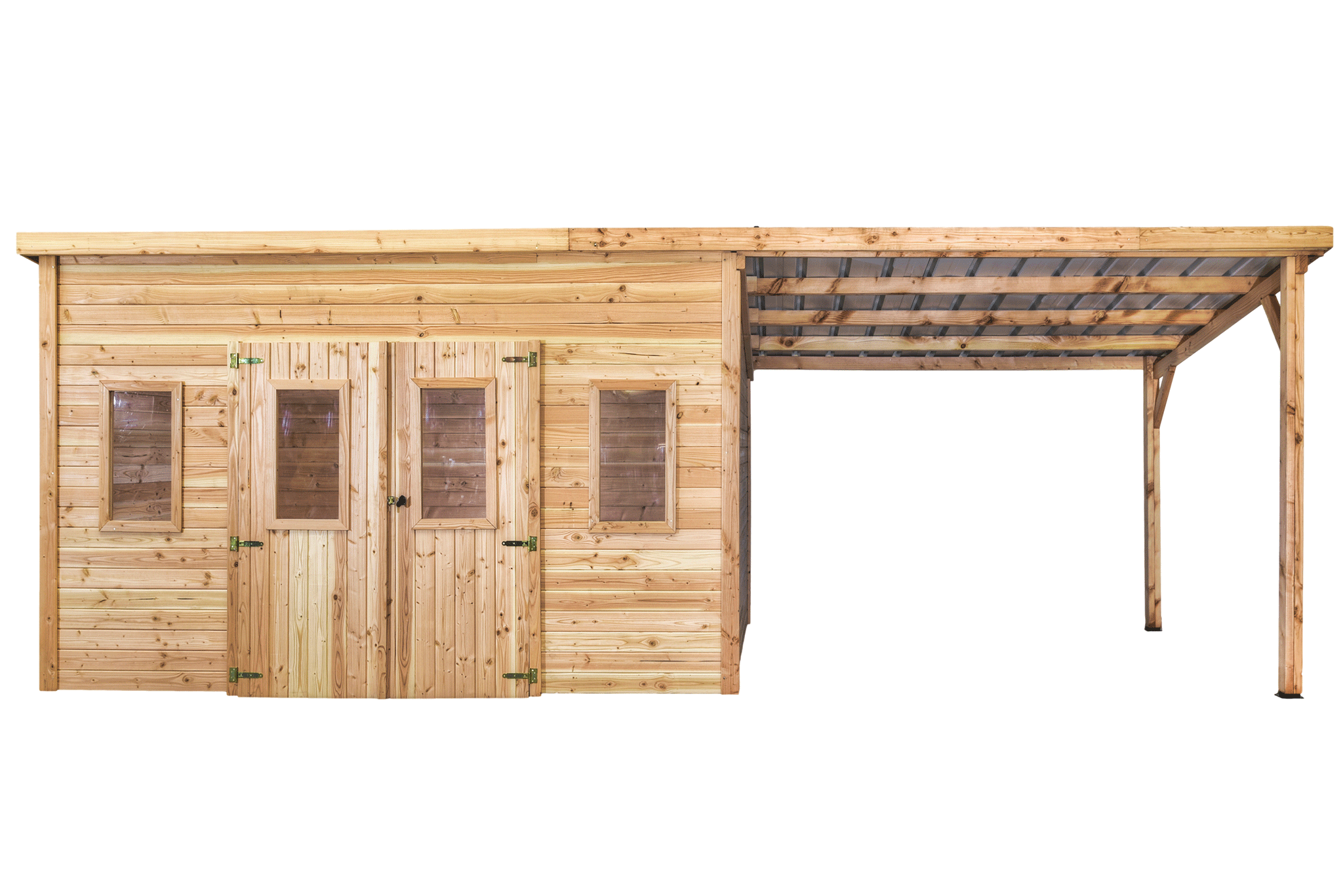 Habrita - Abri Madriers bois massif - 28 mm - surface extérieur 28,09 m2 avec bûcher -Toit monopente - Toiture plaques polycarbonate double peau - Image 2