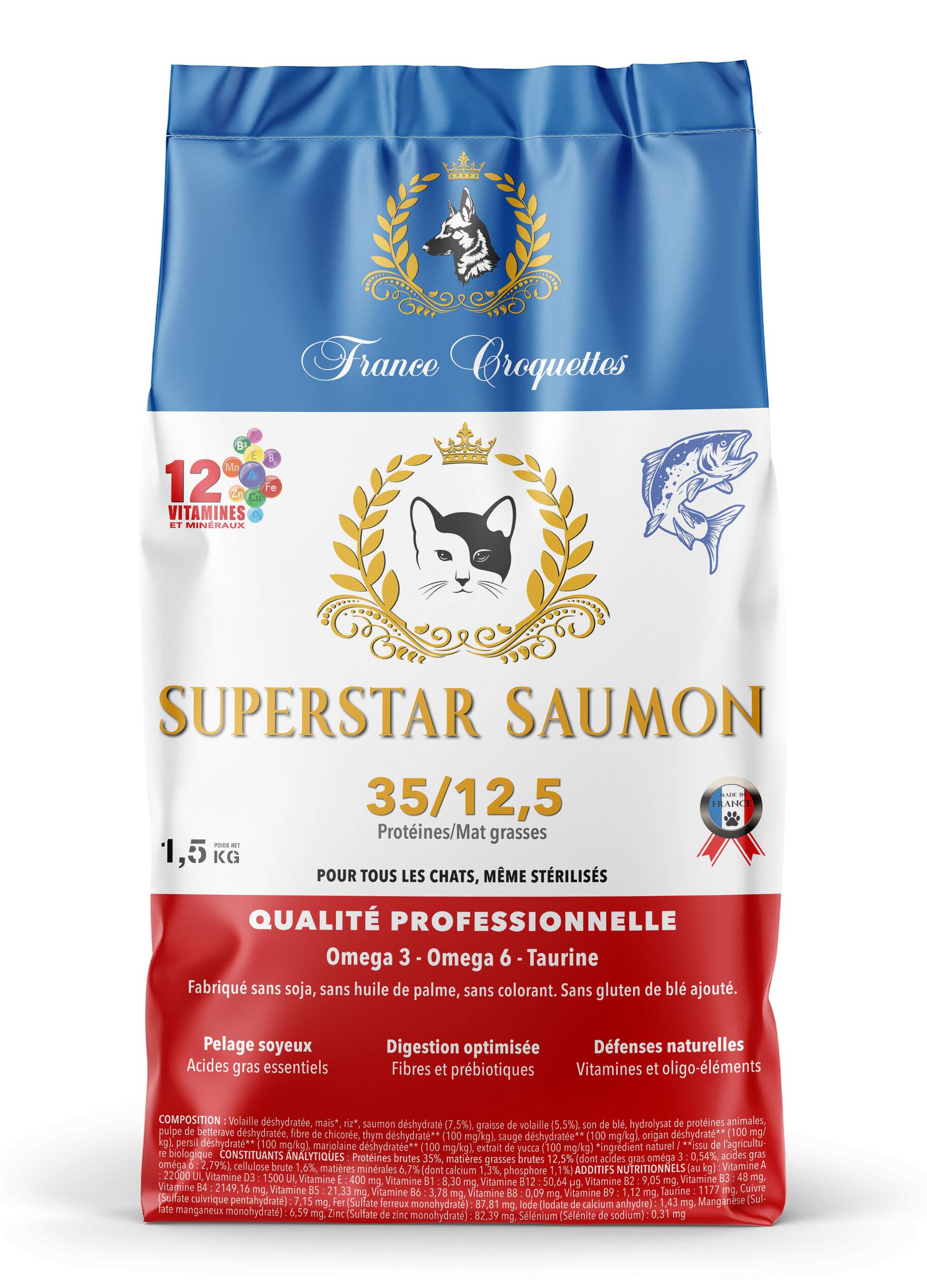 France Croquettes - croquette pour chat adulte super star saumon – 1,5kg – chat adulte digestion – france croquettes - Image 1