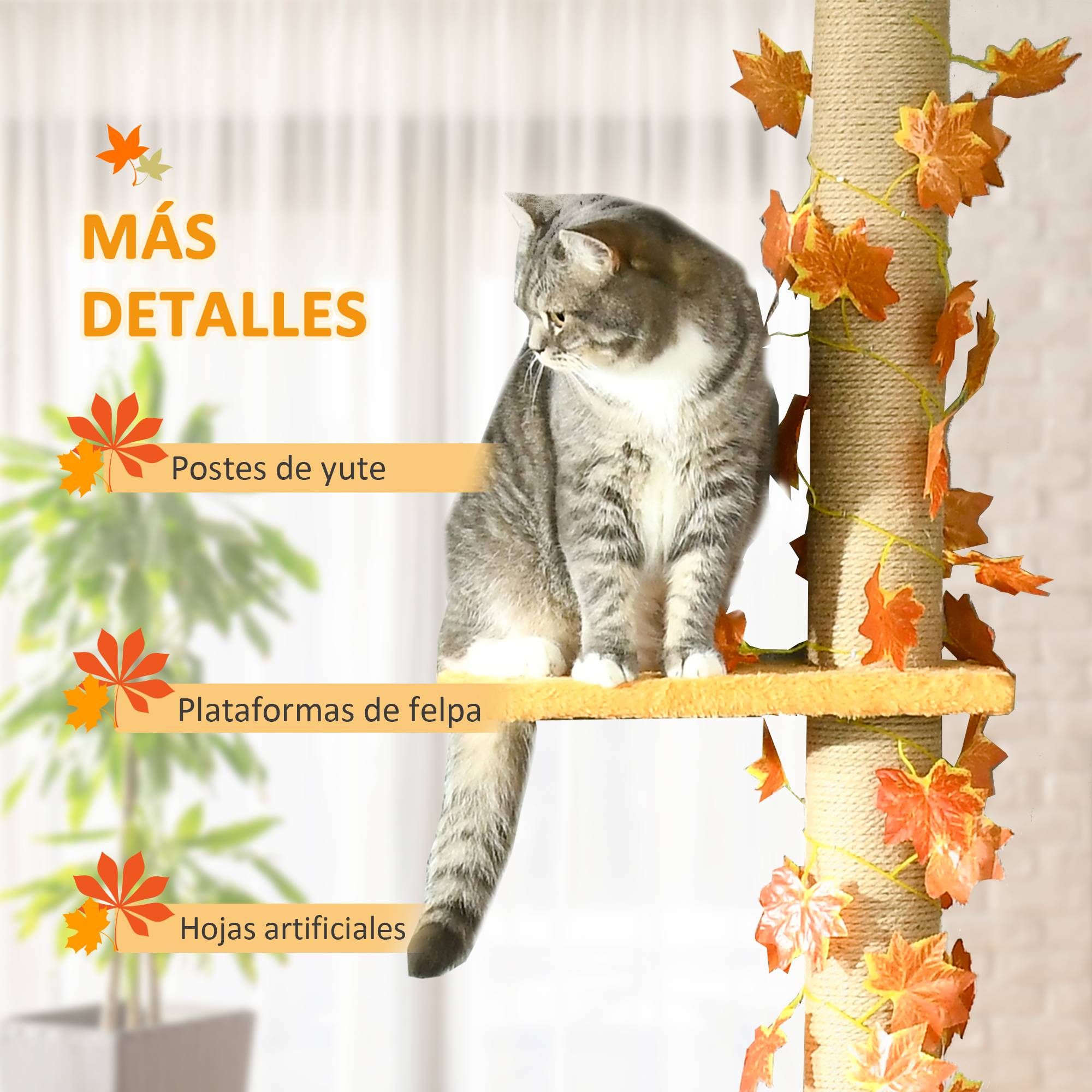 Arbre à chat du sol au plafond, 202-242 cm, avec 3 plateformes, hauteur réglable et décoration en feuille d'érable orange - Image 8