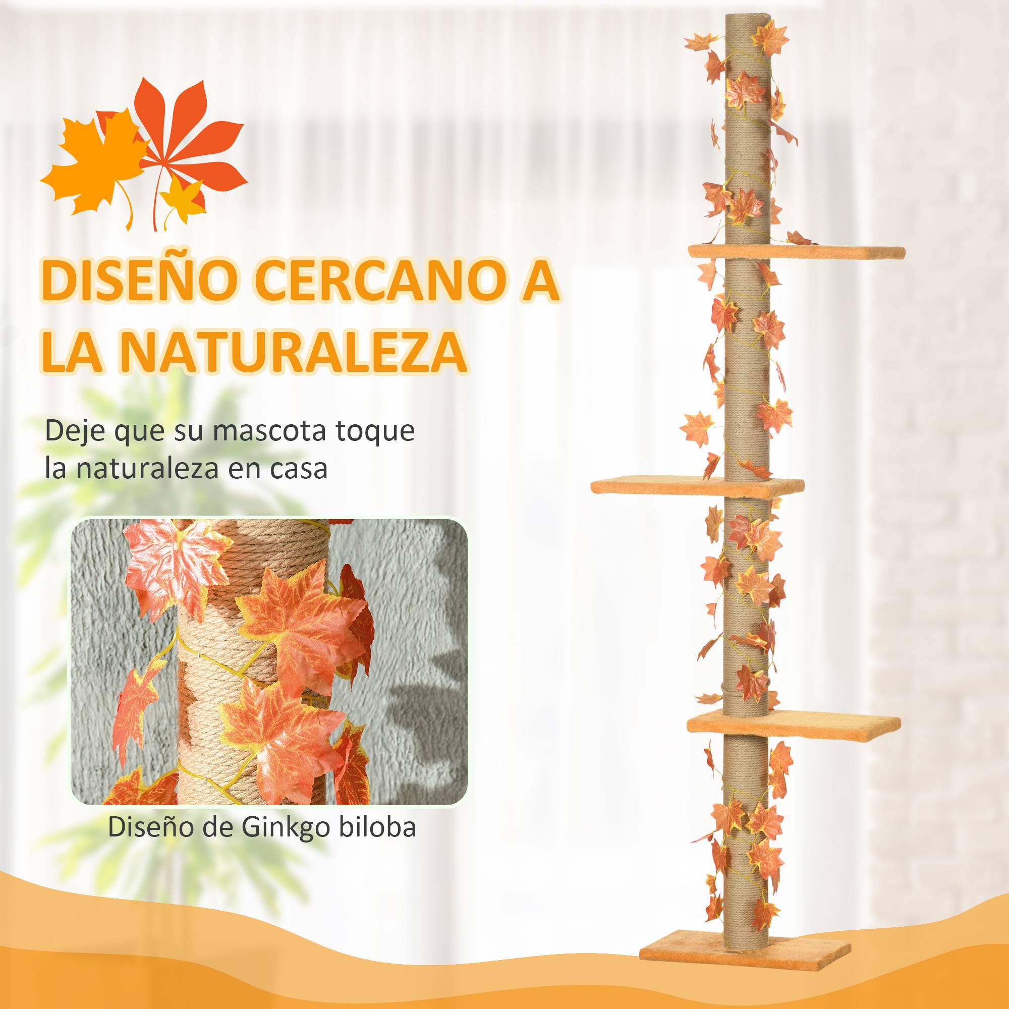 Arbre à chat du sol au plafond, 202-242 cm, avec 3 plateformes, hauteur réglable et décoration en feuille d'érable orange - Image 6