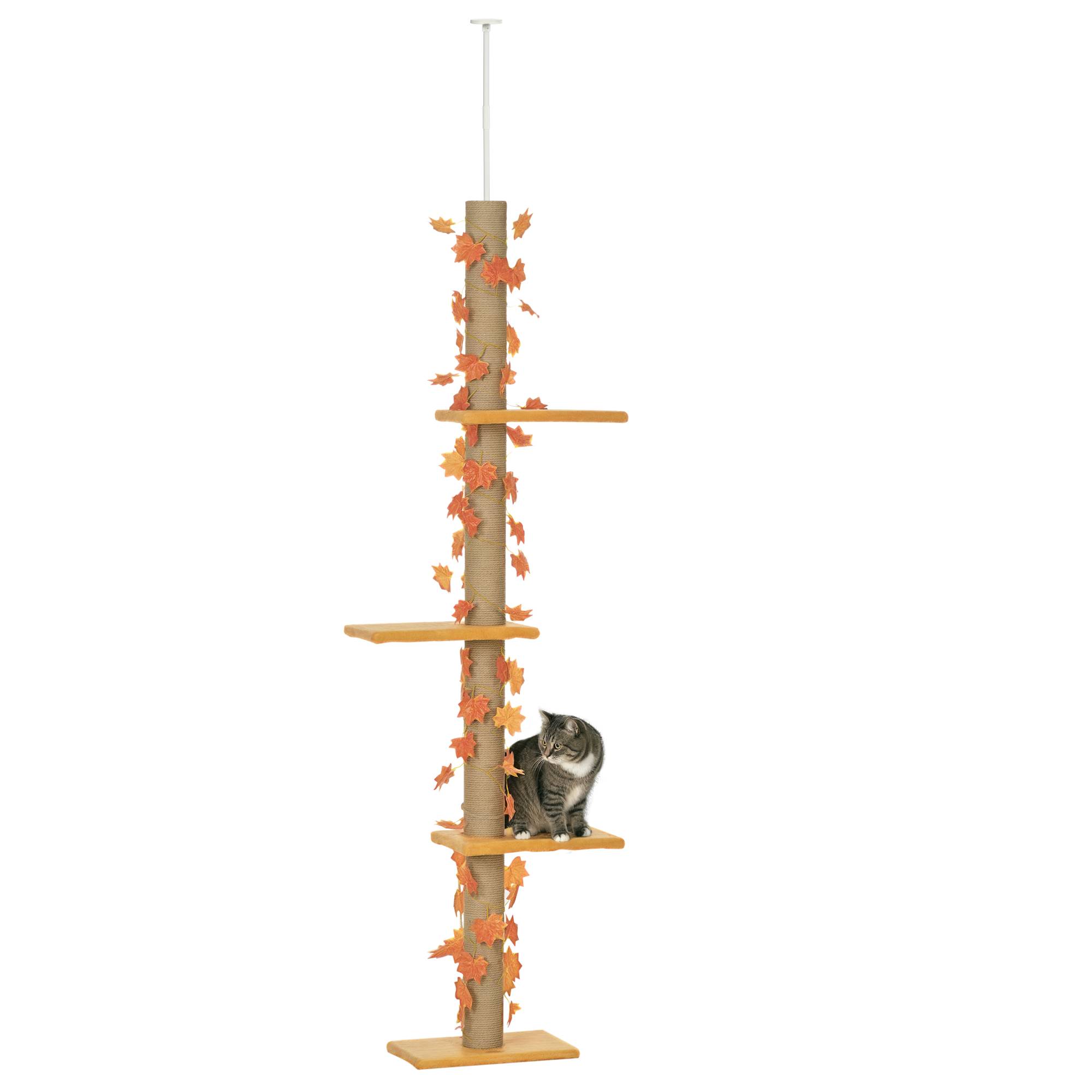 Arbre à chat du sol au plafond, 202-242 cm, avec 3 plateformes, hauteur réglable et décoration en feuille d'érable orange - Image 1