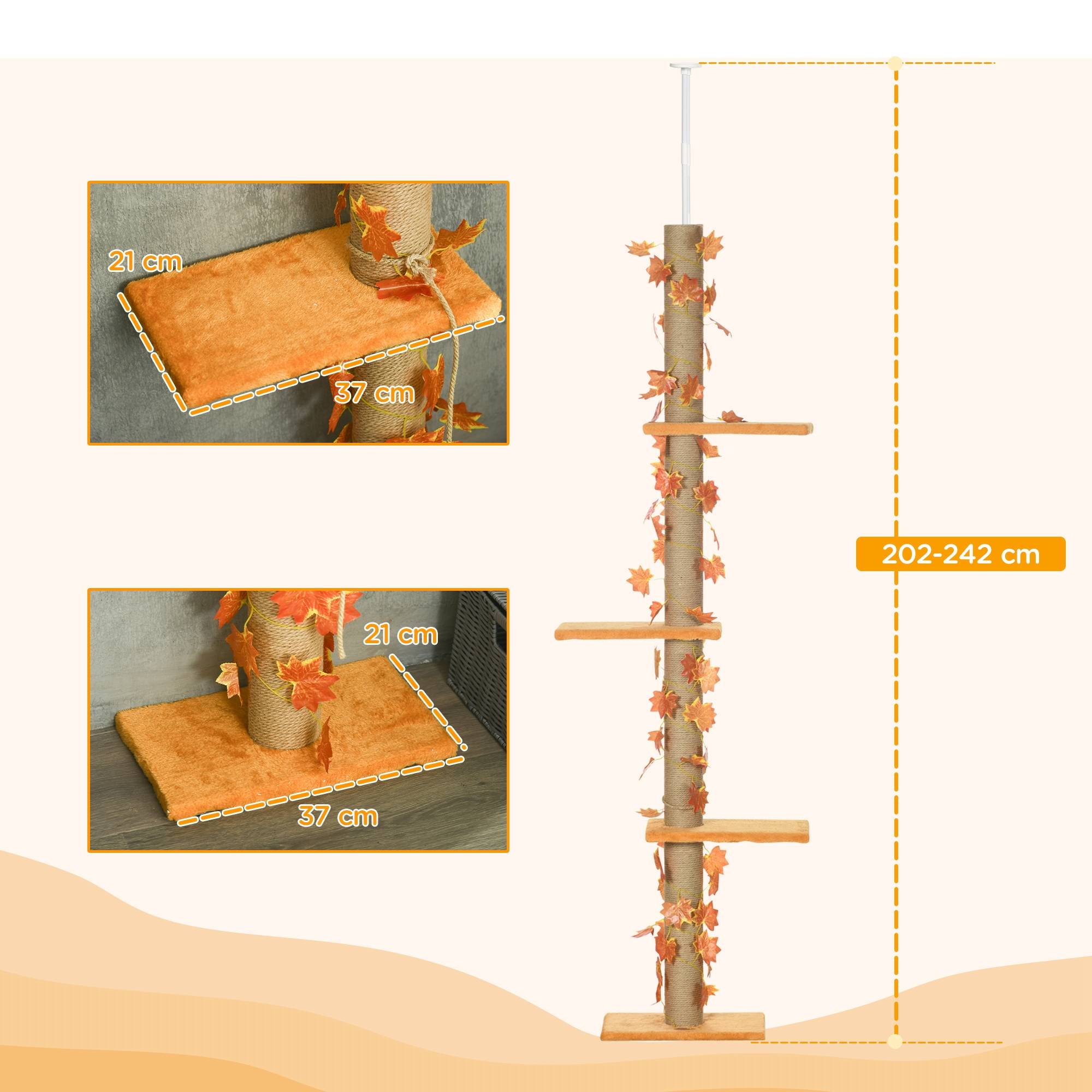 Arbre à chat du sol au plafond, 202-242 cm, avec 3 plateformes, hauteur réglable et décoration en feuille d'érable orange - Image 5