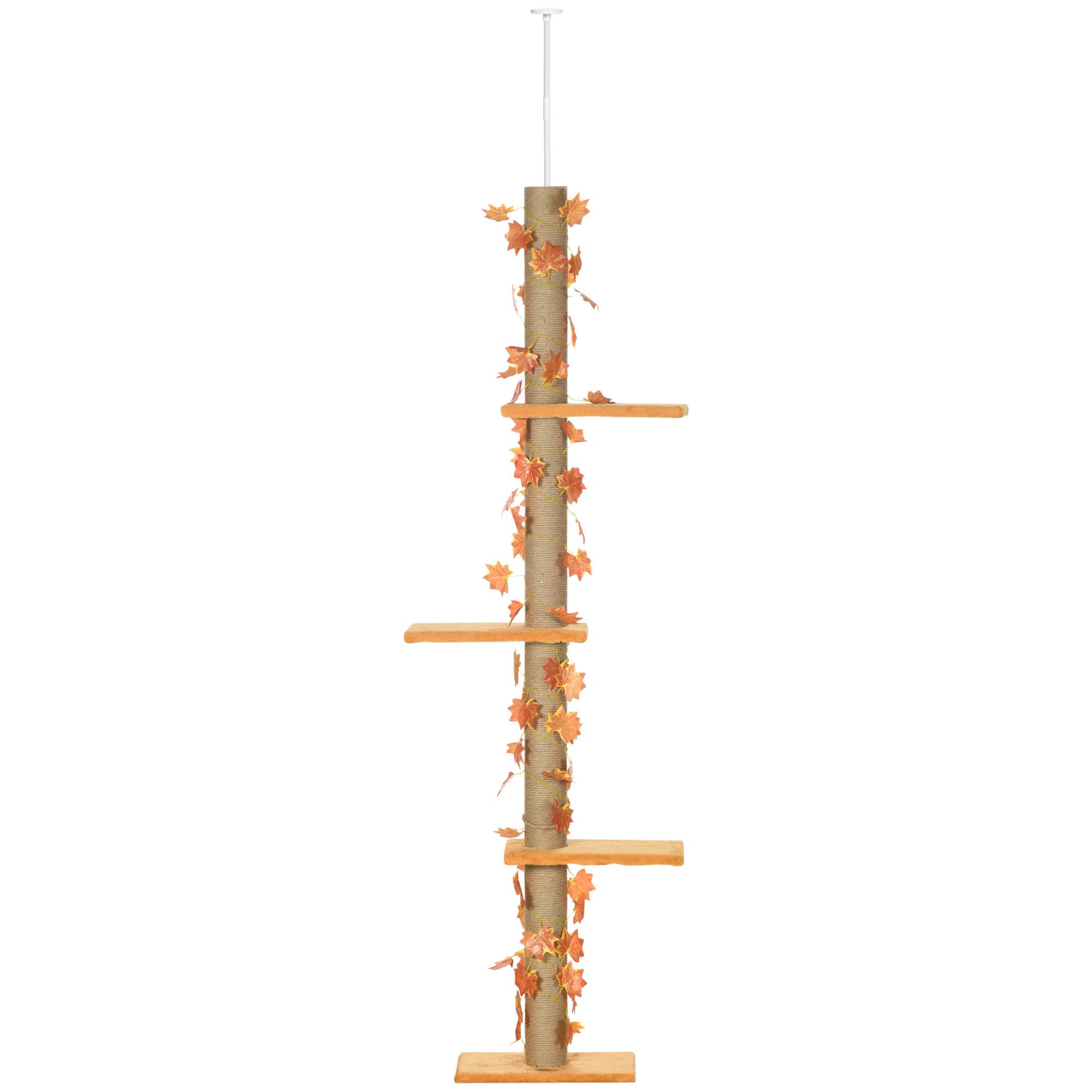 Arbre à chat du sol au plafond, 202-242 cm, avec 3 plateformes, hauteur réglable et décoration en feuille d'érable orange - Image 2