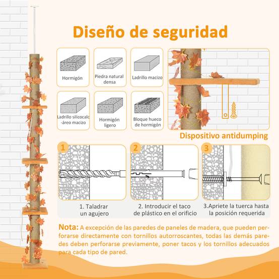 Arbre à chat du sol au plafond, 202-242 cm, avec 3 plateformes, hauteur réglable et décoration en feuille d'érable orange - Image 9