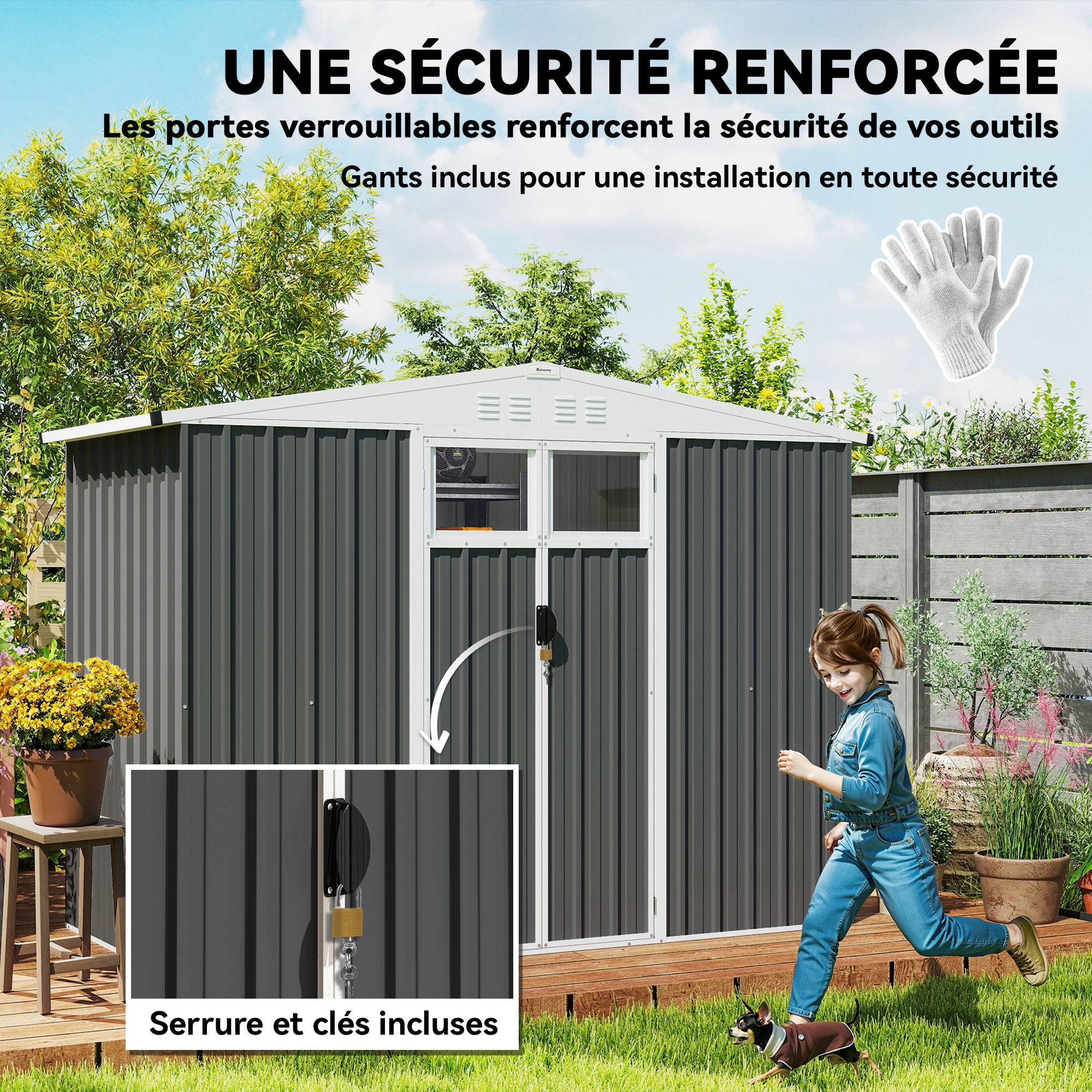 Abri de jardin en métal 2,7 m² avec fenêtre, 4 évents et porte verrouillable, 246 x 117 x 180 cm, gris - Image 7