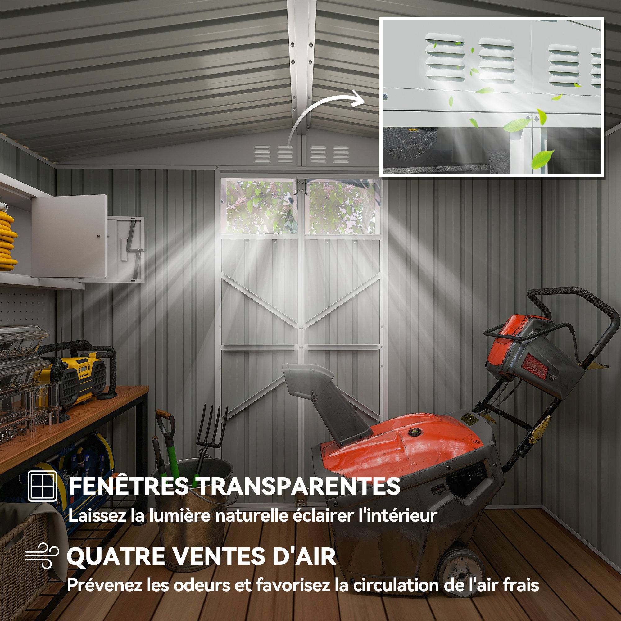 Abri de jardin en métal 2,7 m² avec fenêtre, 4 évents et porte verrouillable, 246 x 117 x 180 cm, gris - Image 6